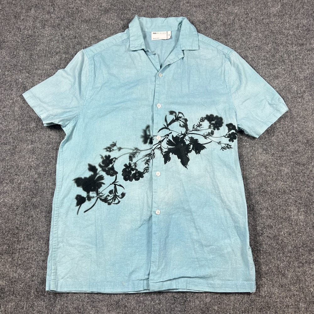 Asos Design Linen Shirt Mens 2XS Blue Floral Camp Collar Hawaiian Tropical Beach